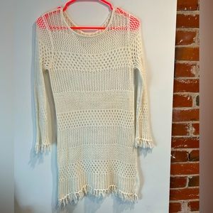 Crocheted Swim Suit Cover Up dress, fringe on sleeves, small, flattering figure
